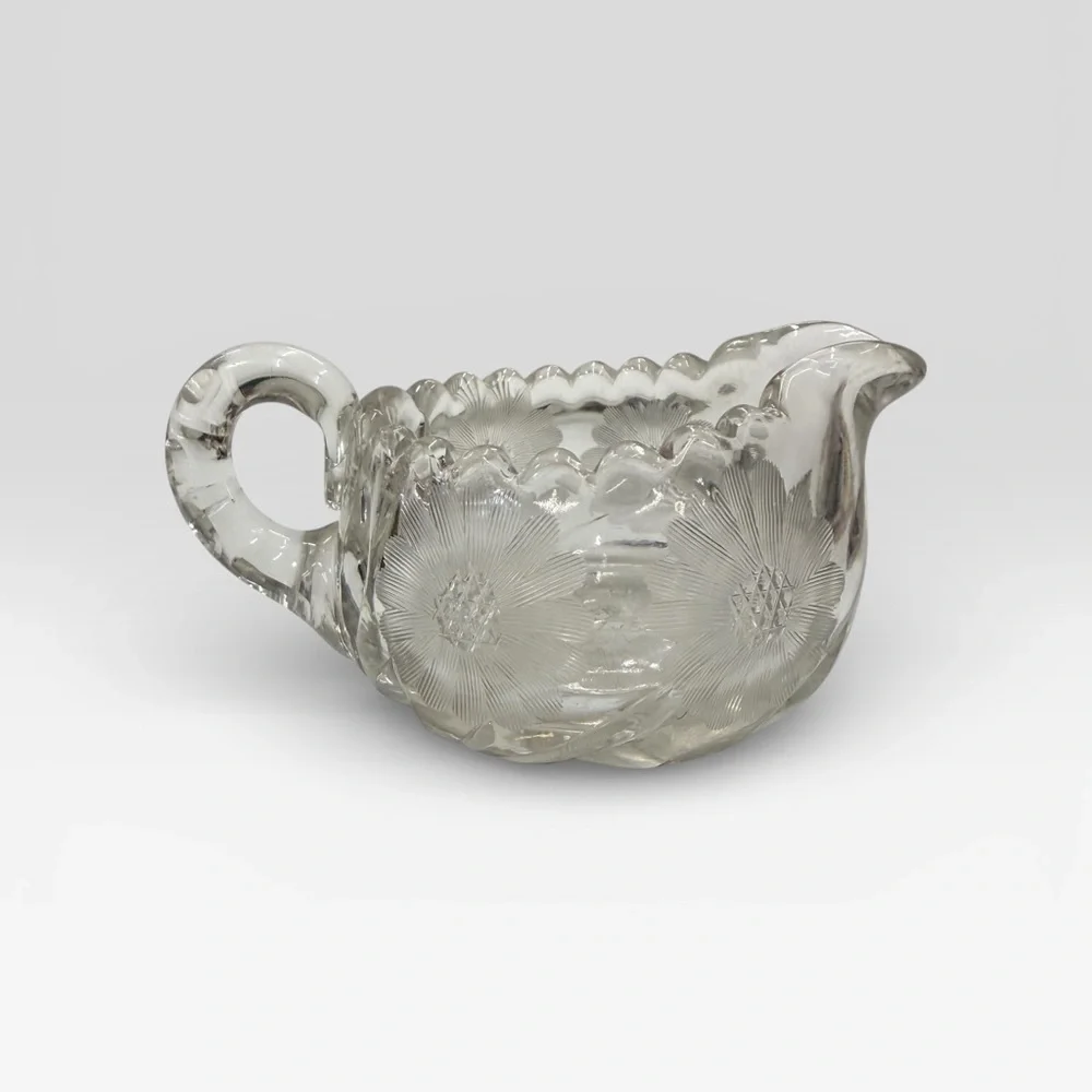 TIFFIN Mckee Sawtooth EAPG Creamer Crystal Etched Sunflower Vintage EUC